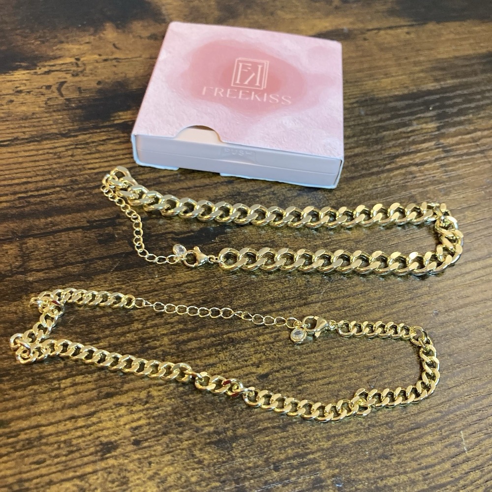 Freekiss Gold Tone Cuban Link Bracelet Anklet Lot 2 Adjustable CZ Charms